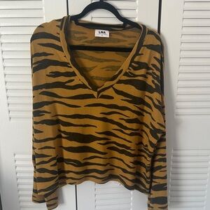 LNA Black and Tan Tiger Print V-Neck Top